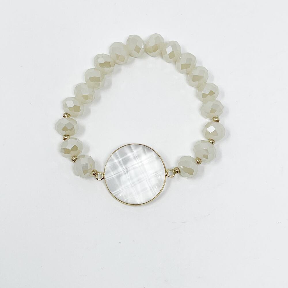 Cream Beaded Stretch Bracelet with Clear Gemstone Charm Fashion Statement